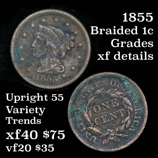 Full Liberty 1855 Braided Hair Large Cent 1c Grades xf details