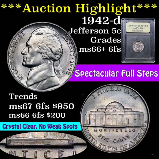 ***Auction Highlight*** Incredible 1942-d Jefferson Nickel 5c Graded Gem++ 6fs USCG full steps (fc)