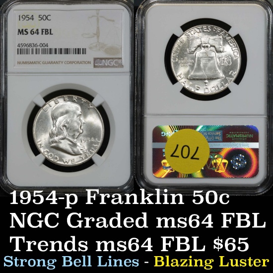 1954-p Franklin Half Dollar 50c blazing luster Graded ms64 FBL By NGC strong bell lines