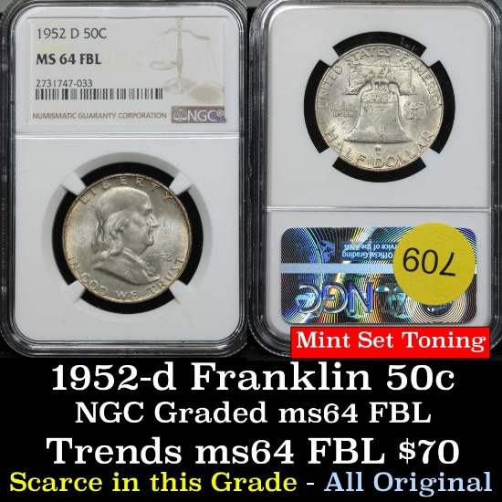 Scarce in this grade NGC 1952-d Franklin Half Dollar 50c Graded ms64 FBL By NGC Mint set toned