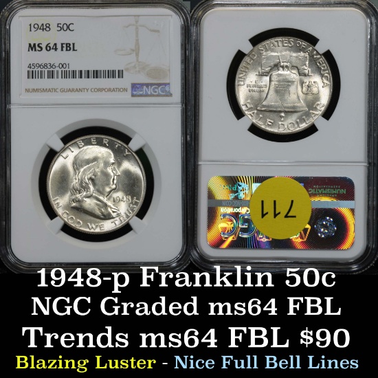1948-p Morgan 50c Blazing luster Graded ms64 FBL By NGC nice full bell lines