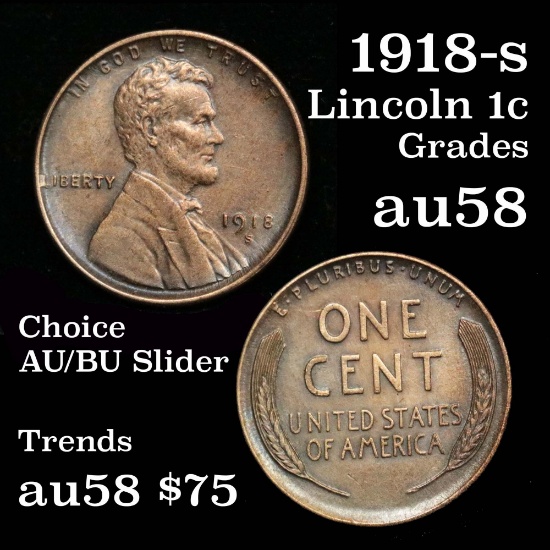 tons of luster 1918-s Lincoln Cent 1c nice strike Grades Choice AU/BU Slider good eye appeal