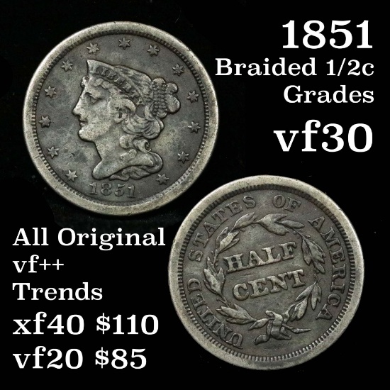interesting patina 1851 Braided Hair Half Cent 1/2c Grades vf++