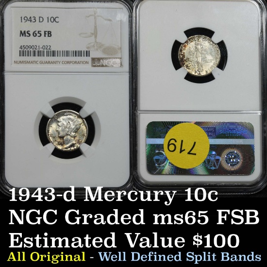 Terrific toning NGC 1943-d Mercury Dime 10c Graded ms65 fsb By NGC well defined split bands
