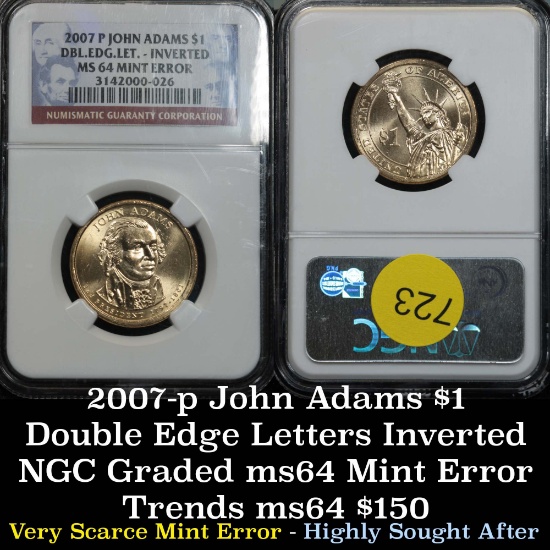 Scarce mint error NGC 2007-p Doubled edge letters inverted Presidential $1 Graded ms64 By NGC