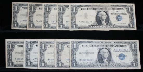 10 $1 Blue seal Silver Certificates, series 1957 & 1957A average circ