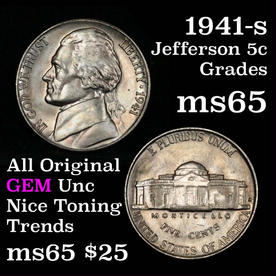 Nice Luster 1941-s Jefferson Nickel 5c Steel Blue Toning Grades GEM Unc