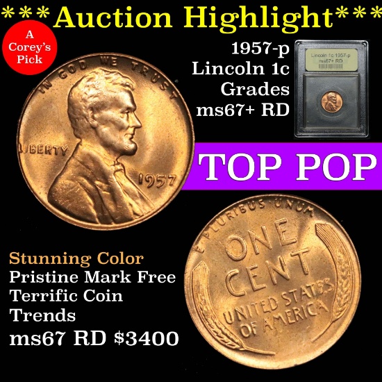 ***Auction Highlight*** Spectacular 1957-p Lincoln 1c Graded GEM++ RD by USCG exceptional color (fc)