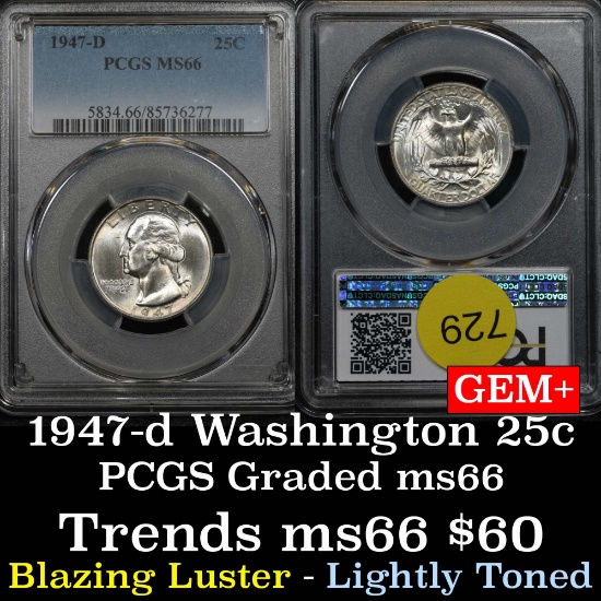 Blazing luster on this PCGS 1947-d Washington Quarter 25c Super gem+ coin Graded ms66 by PCGS