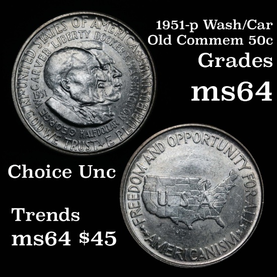 Blast White 1951-p Wash/Car Old Commem Half Dollar 50c Nice Luster Grades Choice Unc