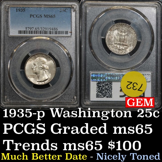 Nicely toned PCGS 1935-p Washington Quarter 25c Graded ms65 by PCGS Much better date