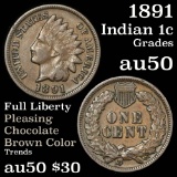 2 diamonds 1891 Indian Cent 1c Pleasing chocolate brown color Grades AU, Almost Unc