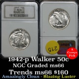 NGC 1942-p Walking Liberty Half Dollar 50c Amazingly clean Graded ms66 By NGC blazing luster