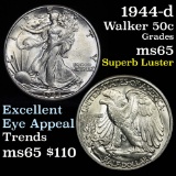 1944-d Walking Liberty Half Dollar 50c Great Luster Grades GEM Unc light golden toning