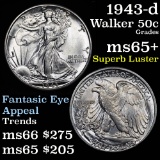 Better Date 1943-d Walking Liberty Half Dollar 50c Superb Luster Grades GEM+ Unc die break rev (fc)