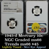 NGC 1945-d Mercury Dime 10c Lightly toned Graded ms66 By NGC Nice eye appeal