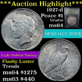 ***Auction Highlight*** Semi key date 1927-d Peace $1 Graded Choice Unc by USCG flashy luster (fc)