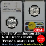 Perfect luster on this NGC 1947-s Washington Quarter 25c Looks undergraded Graded ms66 By NGC