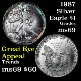 superb color on obverse 1987 Silver Eagle Dollar $1 Grades ms69