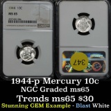 Stunning NGC 1944-p Mercury Dime 10c Beautiful eye appeal Graded ms65 By NGC Blast white