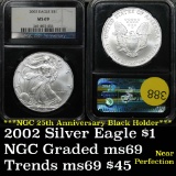 Near perfect NGC 2002 Silver Eagle Dollar $1 Graded ms69 By NGC 25th Anniv Black slab