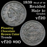 Pleasing Chocolate Brown Color 1839 Head of 1938 Braided Hair Large Cent 1c Grades vf, very fine