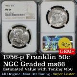 Original mint set toned NGC 1956-p Franklin Half Dollar 50c Graded ms66 By NGC super luster