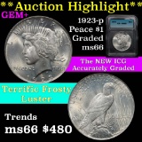 ***Auction Highlight*** 1923-p Peace Dollar $1 frosty luster Graded ms66 By ICG (fc)