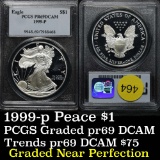 Near perfect PCGS 1999-p Proof Silver Eagle Dollar $1 Graded pr69dcam by PCGS