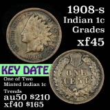 Key date to the series 1908-s Indian Cent 1c 3rd lowest mintage Grades xf+ (fc)
