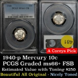 Toned PCGS 1940-p Mercury Dime 10c Graded ms66+ fsb by PCGS distinct well rounded separated bands