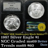 Near perfection NGC 1989-s Proof Silver Eagle Dollar $1 Graded ms69 By NGC 25th Anniv Black slab