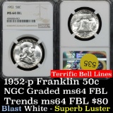 NGC 1952-p Franklin Half Dollar 50c Terrific bell lines Graded ms64 FBL By NGC Superb luster