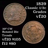 30° cw rotated die 1829 Classic Head half cent 1/2c Grades vf, very fine