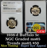 NGC 1938-d Buffalo Nickel 5c Nice toning Graded ms65 By NGC terrific gem example