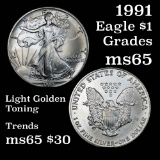 1991 Silver Eagle Dollar $1 Grades GEM Unc