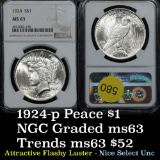 NGC 1924-p Peace Dollar $1 flashy luster Graded ms63 By NGC