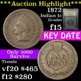 ***Auction Highlight*** Key date 1872 Indian Cent 1c 4th toughest Indian cent Grades f+ (fc)