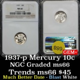 Much better date NGC 1937-p Mercury Dime 10c Beautiful eye appeal Graded ms66 By NGC Blast white