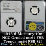 NGC 1943-d Mercury Dime 10c blast white Graded ms64 fsb By NGC good split bands