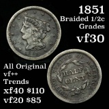 interesting patina 1851 Braided Hair Half Cent 1/2c Grades vf++