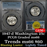 Blazing luster on this PCGS 1947-d Washington Quarter 25c Super gem+ coin Graded ms66 by PCGS