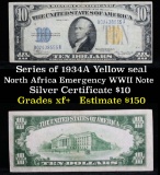 Series of 1934A Yellow seal North Africa Emergency WWII Note  Silver Certificate $10 Grades xf+ (fc)