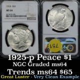 Near Gem NGC 1925-p Peace Dollar $1 great luster Graded ms64 By NGC very clean