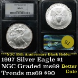 Near perfection NGC 1987 Silver Eagle Dollar $1 Graded ms69 By NGC 25th Anniv Black slab