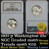 Much better date NGC 1937-p Washington 25c Strong strike Graded ms65 By NGC Fantastic Gem coin
