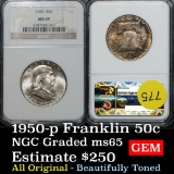 Beautifully toned NGC 1950-p Franklin Half Dollar 50c great eye appeal Graded ms65 By NGC