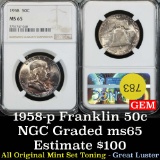 Heavily toned 1958-p Franklin Half Dollar 50c Graded ms65 By NGC original mint set toning