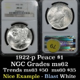 NGC 1922-p Peace Dollar $1 Blast white Graded ms62 By NGC good eye appeal