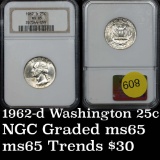 Nice gem example on this NGC 1962-d Washington Quarter 25c Graded ms65 By NGC